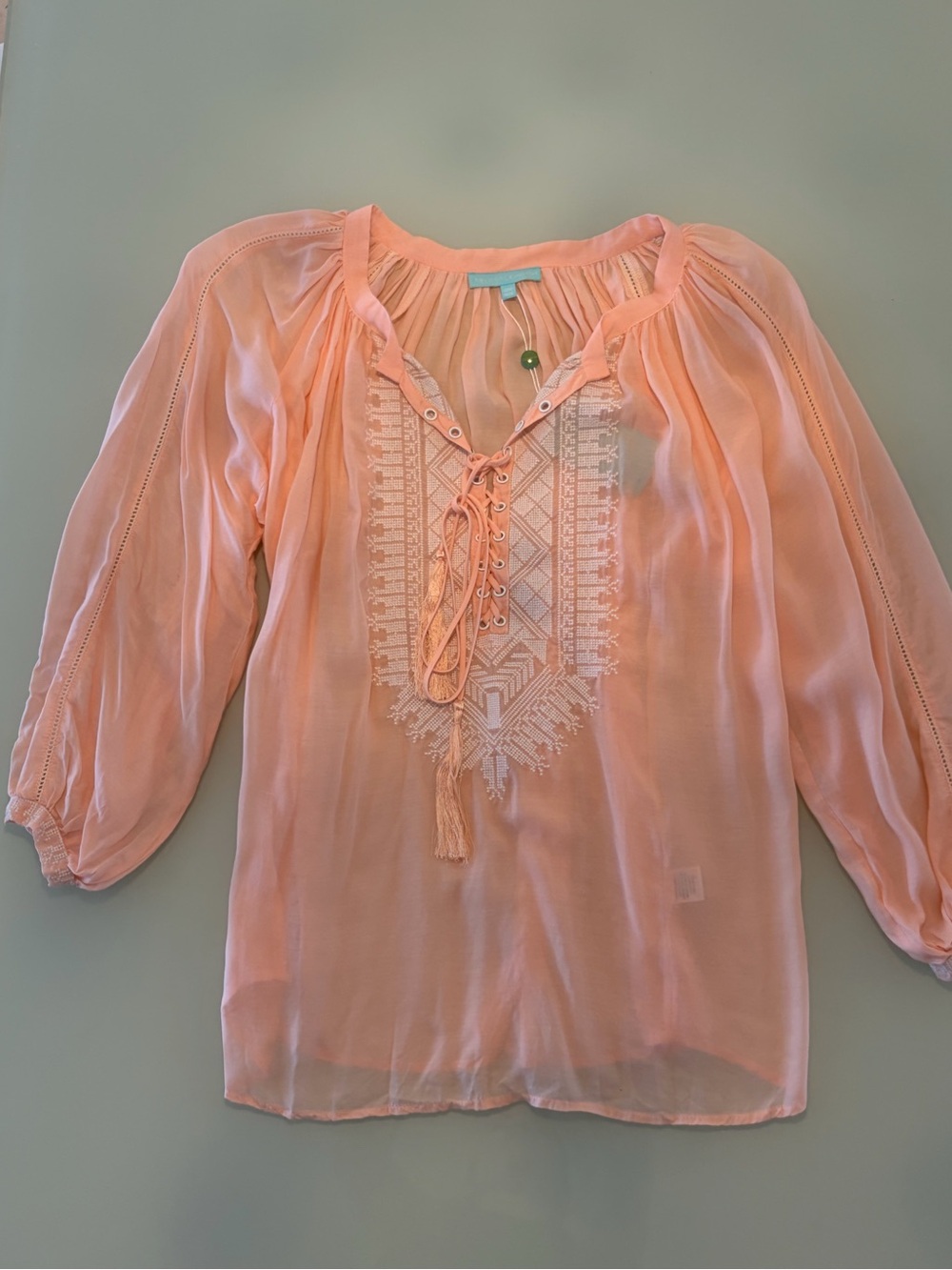 Melissa Odabash Peach Embroidered Peasant Blouse